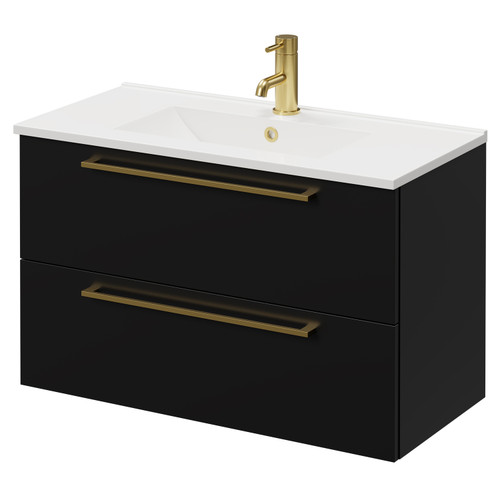 Napoli Matt Black 800mm Wall Mounted Vanity Unit with 1 Tap Hole Minimalist Basin and 2 Drawers with Brushed Brass Handles Right Hand View