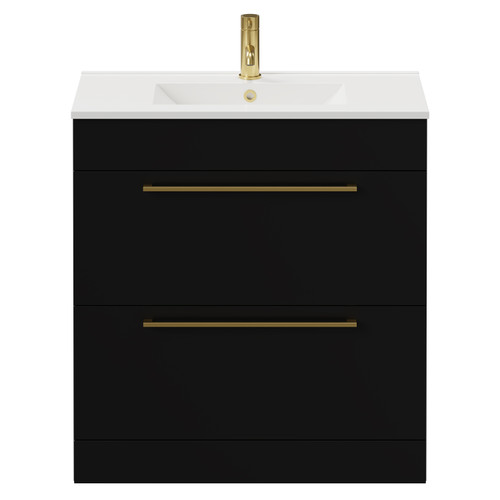 Napoli Matt Black 800mm Floor Standing Vanity Unit with 1 Tap Hole Minimalist Basin and 2 Drawers with Brushed Brass Handles View from Front