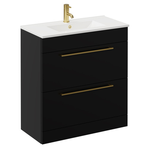 Napoli Matt Black 800mm Floor Standing Vanity Unit with 1 Tap Hole Minimalist Basin and 2 Drawers with Brushed Brass Handles Left Hand View