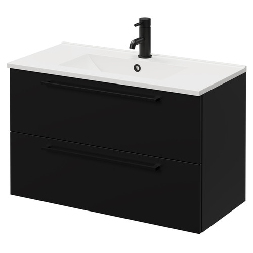 Napoli Matt Black 800mm Wall Mounted Vanity Unit with 1 Tap Hole Minimalist Basin and 2 Drawers with Matt Black Handles Right Hand View