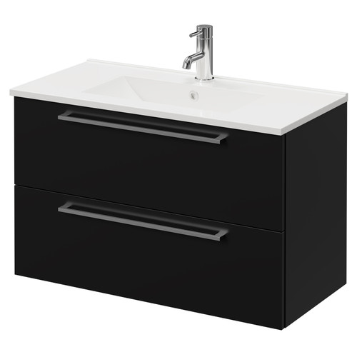 Napoli Matt Black 800mm Wall Mounted Vanity Unit with 1 Tap Hole Minimalist Basin and 2 Drawers with Chrome Handles Right Hand View