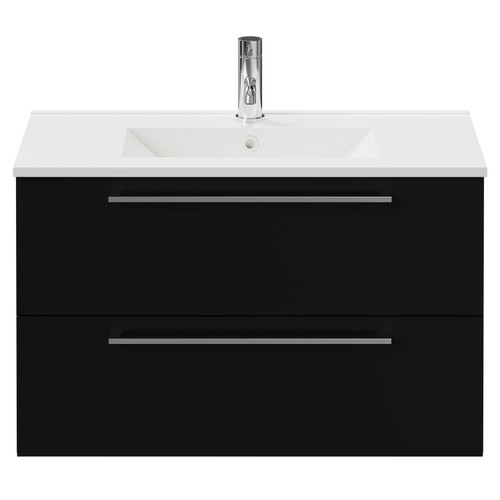 Napoli Matt Black 800mm Wall Mounted Vanity Unit with 1 Tap Hole Minimalist Basin and 2 Drawers with Chrome Handles View from Front