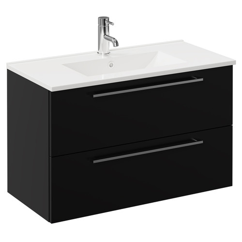 Napoli Matt Black 800mm Wall Mounted Vanity Unit with 1 Tap Hole Minimalist Basin and 2 Drawers with Chrome Handles Left Hand View