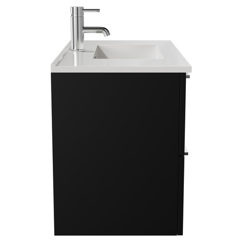 Napoli Matt Black 800mm Wall Mounted Vanity Unit with 1 Tap Hole Minimalist Basin and 2 Drawers with Chrome Handles View from Side