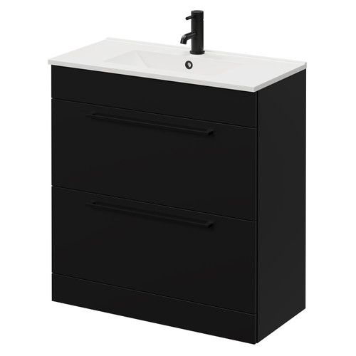 Napoli Matt Black 800mm Floor Standing Vanity Unit with 1 Tap Hole Minimalist Basin and 2 Drawers with Matt Black Handles Right Hand View