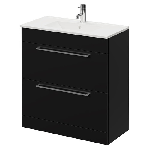 Napoli Matt Black 800mm Floor Standing Vanity Unit with 1 Tap Hole Minimalist Basin and 2 Drawers with Chrome Handles Right Hand View