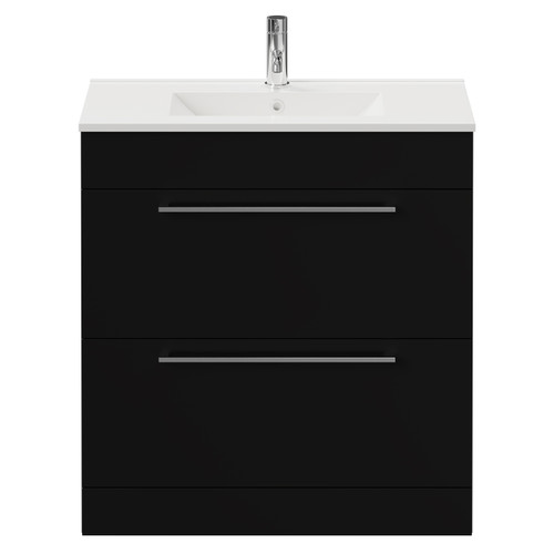 Napoli Matt Black 800mm Floor Standing Vanity Unit with 1 Tap Hole Minimalist Basin and 2 Drawers with Chrome Handles View from Front