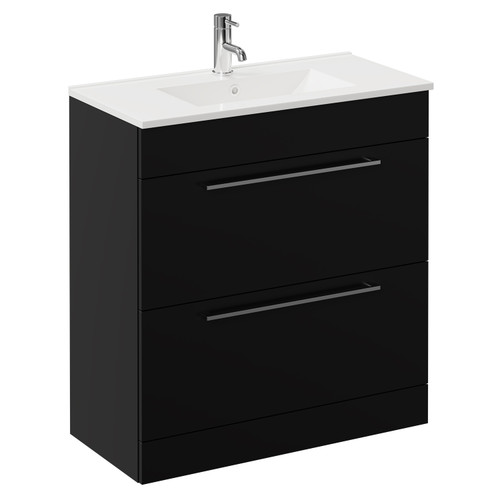 Napoli Matt Black 800mm Floor Standing Vanity Unit with 1 Tap Hole Minimalist Basin and 2 Drawers with Chrome Handles Left Hand View