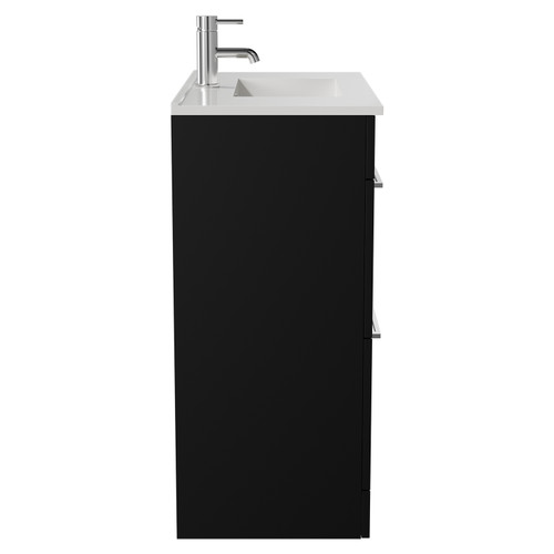 Napoli Matt Black 800mm Floor Standing Vanity Unit with 1 Tap Hole Minimalist Basin and 2 Drawers with Chrome Handles View from Side