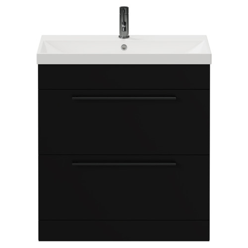 Napoli Matt Black 800mm Floor Standing Vanity Unit with 1 Tap Hole Slim Edge Basin and 2 Drawers with Gunmetal Grey Handles View from Front