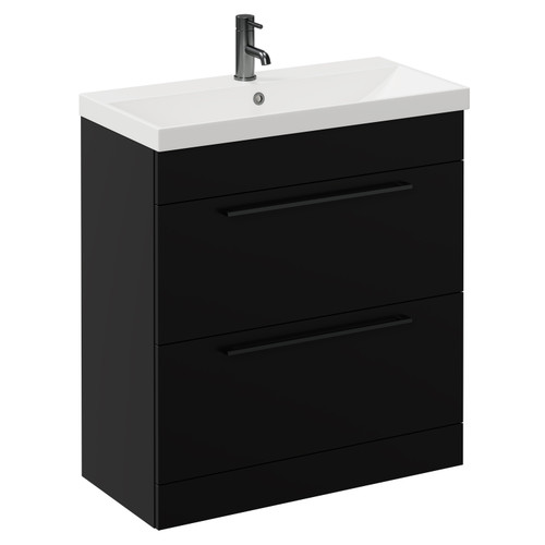 Napoli Matt Black 800mm Floor Standing Vanity Unit with 1 Tap Hole Slim Edge Basin and 2 Drawers with Gunmetal Grey Handles Left Hand View