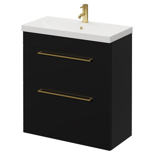 Napoli Matt Black 800mm Floor Standing Vanity Unit with 1 Tap Hole Slim Edge Basin and 2 Drawers with Brushed Brass Handles Right Hand View