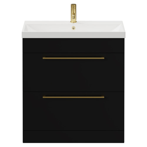 Napoli Matt Black 800mm Floor Standing Vanity Unit with 1 Tap Hole Slim Edge Basin and 2 Drawers with Brushed Brass Handles View from Front