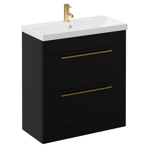 Napoli Matt Black 800mm Floor Standing Vanity Unit with 1 Tap Hole Slim Edge Basin and 2 Drawers with Brushed Brass Handles Left Hand View
