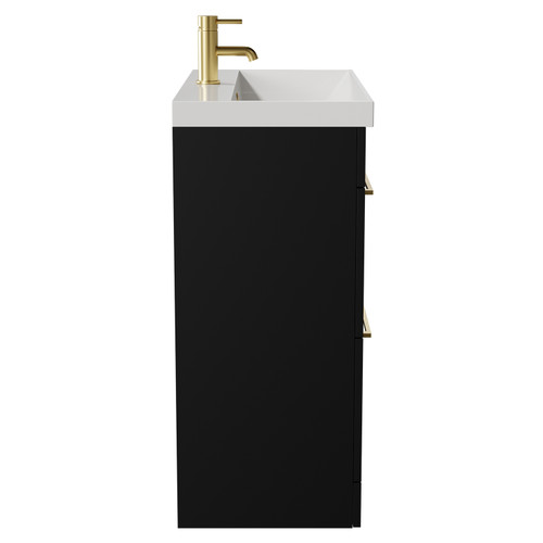 Napoli Matt Black 800mm Floor Standing Vanity Unit with 1 Tap Hole Slim Edge Basin and 2 Drawers with Brushed Brass Handles View from Side