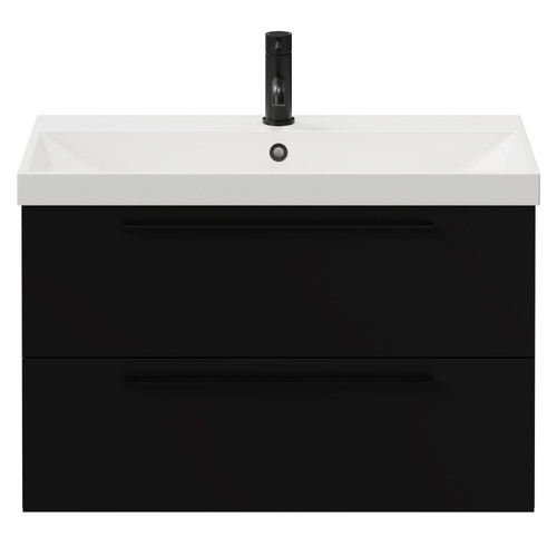 Napoli Matt Black 800mm Wall Mounted Vanity Unit with 1 Tap Hole Slim Edge Basin and 2 Drawers with Matt Black Handles View from Front