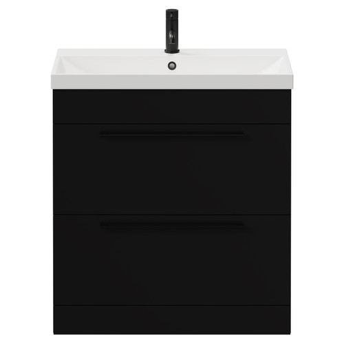 Napoli Matt Black 800mm Floor Standing Vanity Unit with 1 Tap Hole Slim Edge Basin and 2 Drawers with Matt Black Handles View from Front