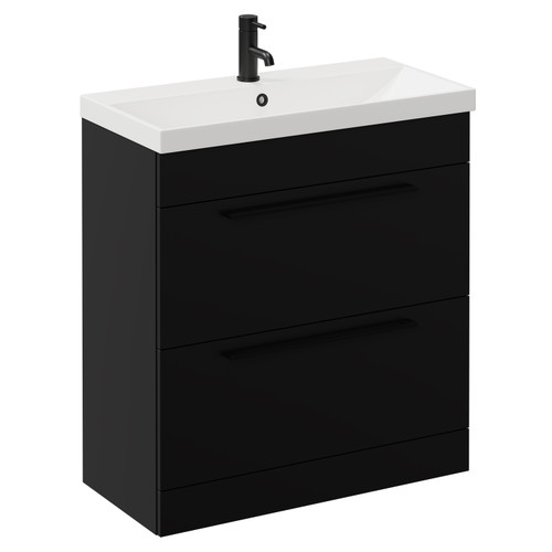 Napoli Matt Black 800mm Floor Standing Vanity Unit with 1 Tap Hole Slim Edge Basin and 2 Drawers with Matt Black Handles Left Hand View