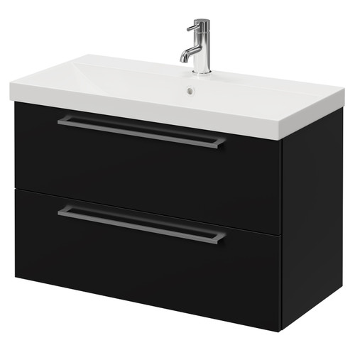 Napoli Matt Black 800mm Wall Mounted Vanity Unit with 1 Tap Hole Slim Edge Basin and 2 Drawers with Chrome Handles Right Hand View