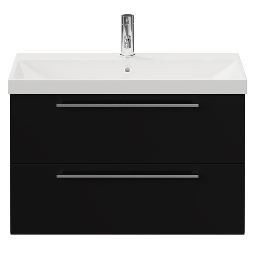 Napoli Matt Black 800mm Wall Mounted Vanity Unit with 1 Tap Hole Slim Edge Basin and 2 Drawers with Chrome Handles View from Front