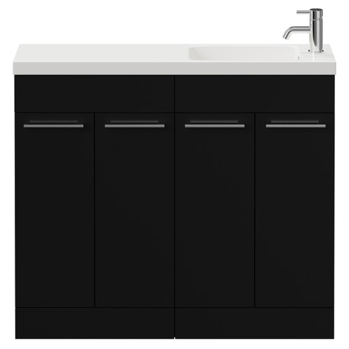 Napoli Combination Matt Black 1000mm Floor Standing Vanity Unit with Slimline 1 Tap Hole Round Basin and 4 Doors with Chrome Handles View from Front