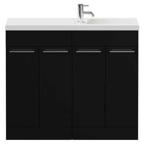 Napoli Combination Matt Black 1000mm Floor Standing Vanity Unit with Slimline 1 Tap Hole Basin and 4 Doors with Chrome Handles View from Front