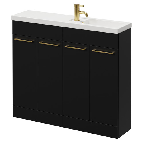 Napoli Combination Matt Black 1000mm Floor Standing Vanity Unit with Slimline 1 Tap Hole Basin and 4 Doors with Brushed Brass Handles Right Hand View
