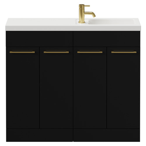Napoli Combination Matt Black 1000mm Floor Standing Vanity Unit with Slimline 1 Tap Hole Basin and 4 Doors with Brushed Brass Handles View from Front