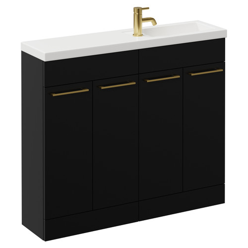 Napoli Combination Matt Black 1000mm Floor Standing Vanity Unit with Slimline 1 Tap Hole Basin and 4 Doors with Brushed Brass Handles Left Hand View