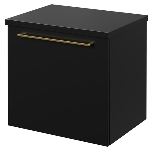 Napoli Matt Black 500mm Wall Mounted Vanity Unit for Countertop Basins with Single Drawer and Brushed Brass Handle Right Hand View