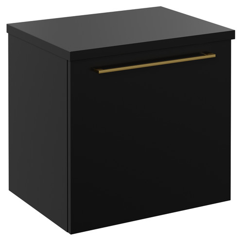 Napoli Matt Black 500mm Wall Mounted Vanity Unit for Countertop Basins with Single Drawer and Brushed Brass Handle Left Hand View