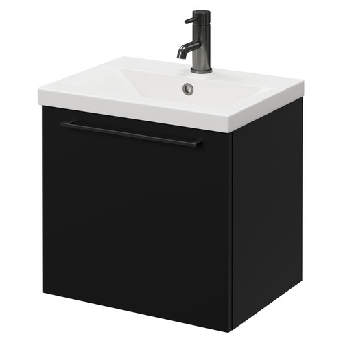 Napoli Matt Black 500mm Wall Mounted Vanity Unit with 1 Tap Hole Basin and Single Drawer with Gunmetal Grey Handle Right Hand View