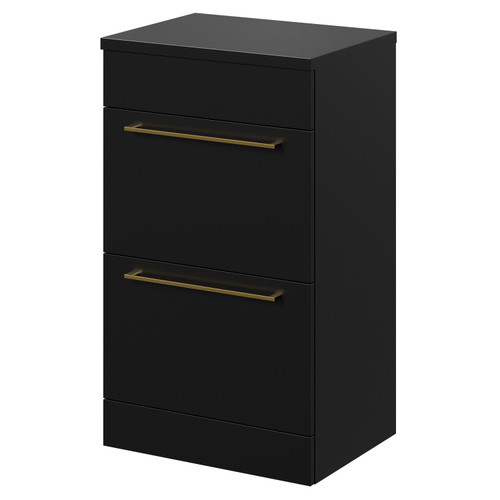 Napoli Matt Black 500mm Floor Standing Vanity Unit for Countertop Basins with 2 Drawers and Brushed Brass Handles Right Hand View