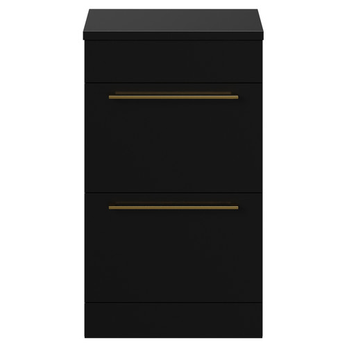 Napoli Matt Black 500mm Floor Standing Vanity Unit for Countertop Basins with 2 Drawers and Brushed Brass Handles View from Front