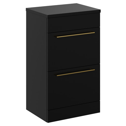 Napoli Matt Black 500mm Floor Standing Vanity Unit for Countertop Basins with 2 Drawers and Brushed Brass Handles Left Hand View