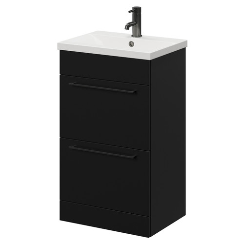 Napoli Matt Black 500mm Floor Standing Vanity Unit with 1 Tap Hole Basin and 2 Drawers with Gunmetal Grey Handles Right Hand View
