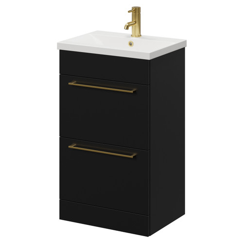 Napoli Matt Black 500mm Floor Standing Vanity Unit with 1 Tap Hole Basin and 2 Drawers with Brushed Brass Handles Right Hand View