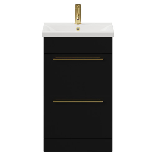 Napoli Matt Black 500mm Floor Standing Vanity Unit with 1 Tap Hole Basin and 2 Drawers with Brushed Brass Handles View from Front