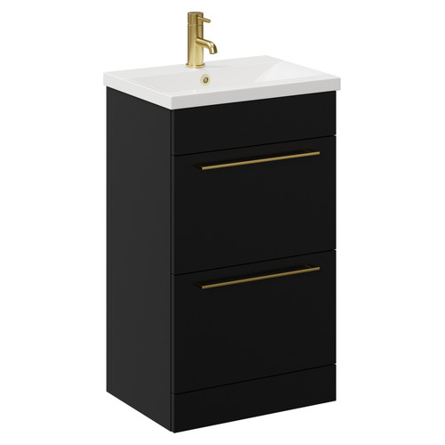 Napoli Matt Black 500mm Floor Standing Vanity Unit with 1 Tap Hole Basin and 2 Drawers with Brushed Brass Handles Left Hand View