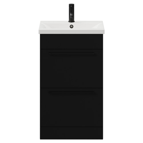 Napoli Matt Black 500mm Floor Standing Vanity Unit with 1 Tap Hole Basin and 2 Drawers with Matt Black Handles View from Front