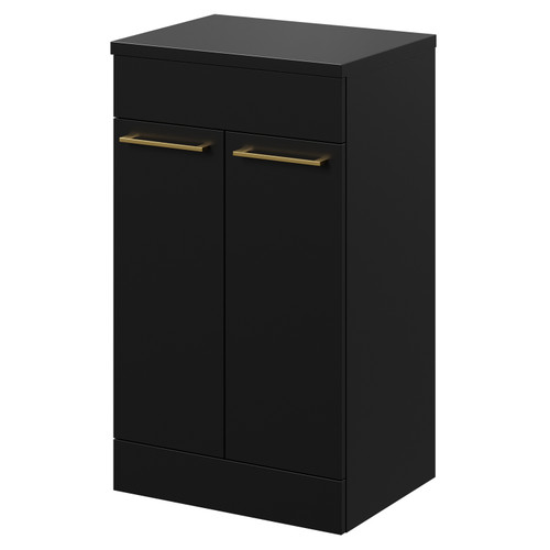 Napoli Matt Black 500mm Floor Standing Vanity Unit for Countertop Basins with 2 Doors and Brushed Brass Handles Right Hand View