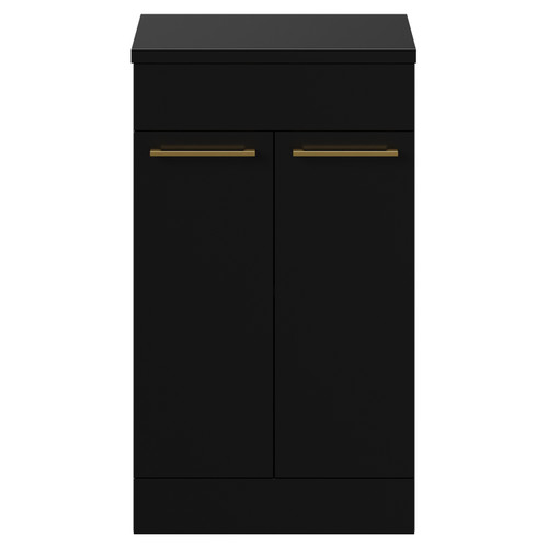 Napoli Matt Black 500mm Floor Standing Vanity Unit for Countertop Basins with 2 Doors and Brushed Brass Handles View from Front