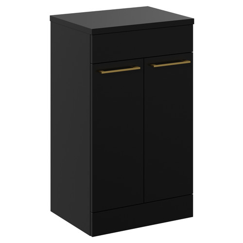 Napoli Matt Black 500mm Floor Standing Vanity Unit for Countertop Basins with 2 Doors and Brushed Brass Handles Left Hand View