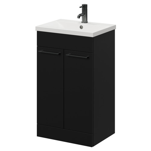 Napoli Matt Black 500mm Floor Standing Vanity Unit with 1 Tap Hole Basin and 2 Doors with Gunmetal Grey Handles Right Hand View