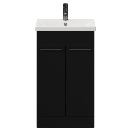 Napoli Matt Black 500mm Floor Standing Vanity Unit with 1 Tap Hole Basin and 2 Doors with Gunmetal Grey Handles View from Front
