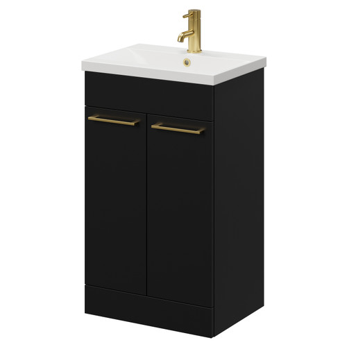 Napoli Matt Black 500mm Floor Standing Vanity Unit with 1 Tap Hole Basin and 2 Doors with Brushed Brass Handles Right Hand View