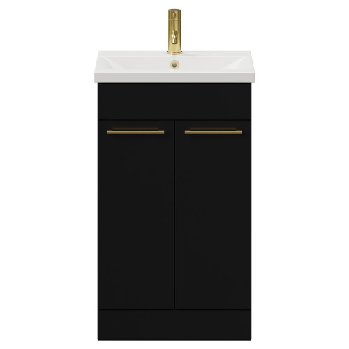 Napoli Matt Black 500mm Floor Standing Vanity Unit with 1 Tap Hole Basin and 2 Doors with Brushed Brass Handles View from Front