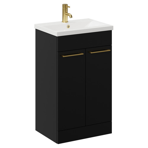 Napoli Matt Black 500mm Floor Standing Vanity Unit with 1 Tap Hole Basin and 2 Doors with Brushed Brass Handles Left Hand View