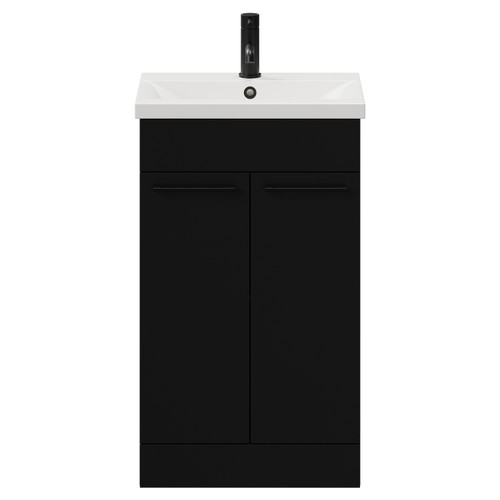 Napoli Matt Black 500mm Floor Standing Vanity Unit with 1 Tap Hole Basin and 2 Doors with Matt Black Handles View from Front