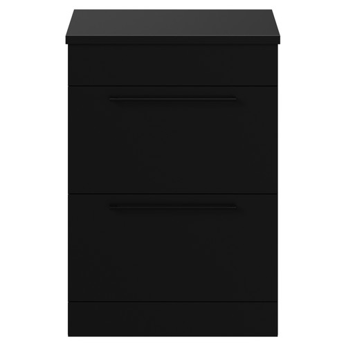 Napoli Matt Black 600mm Floor Standing Vanity Unit for Countertop Basins with 2 Drawers and Matt Black Handles View from Front
